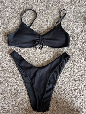 aerie Black Ribbed Tie-Front Bikini Set